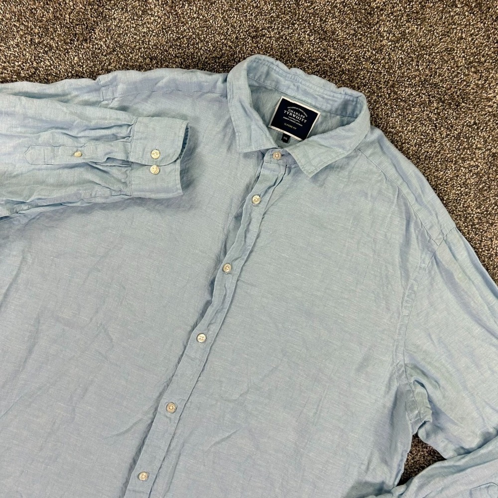 Charles Tyrwhitt Classic Button Up Light Blue Linen Shirt Men XXL Long Sleeve